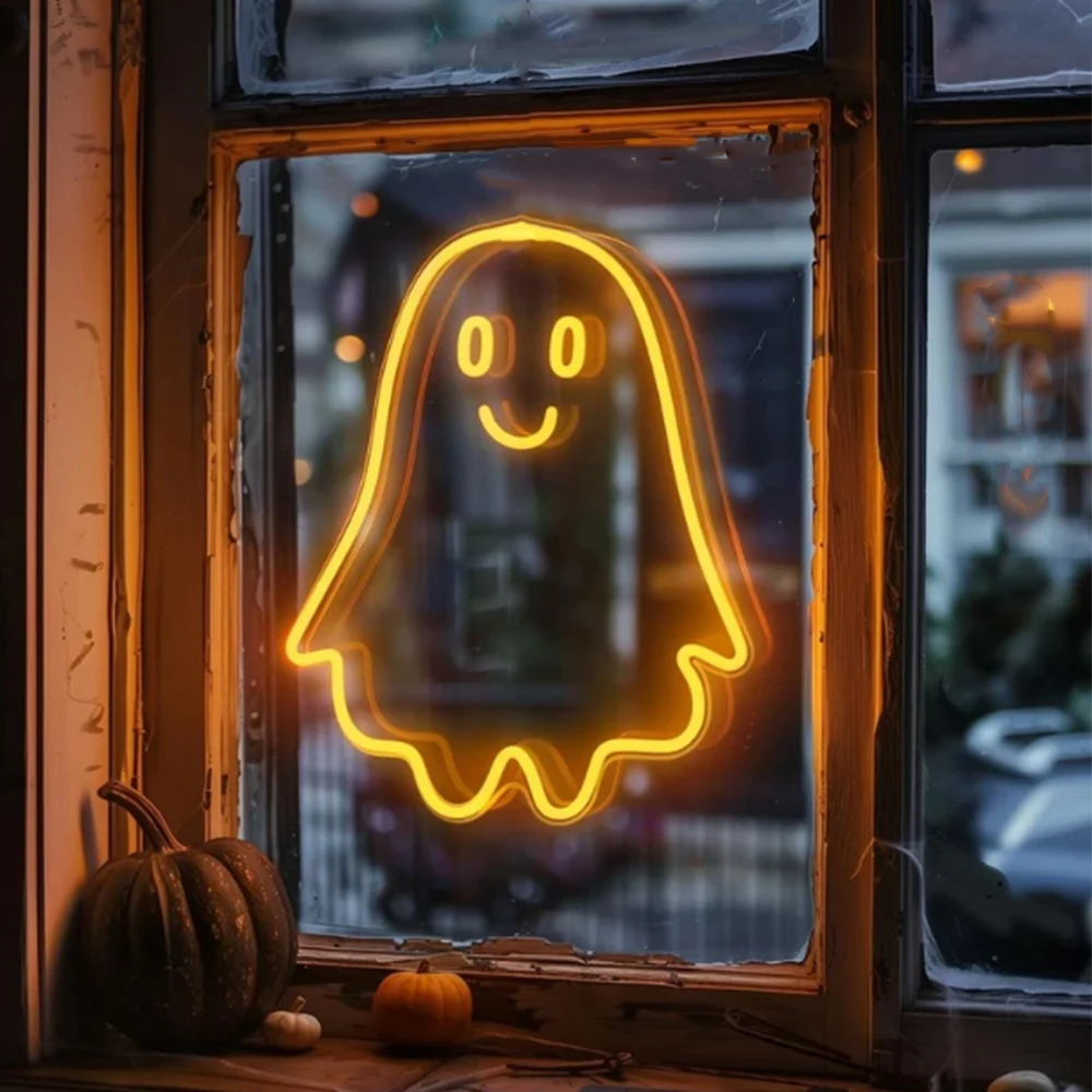 Halloween Neon Sign Ghost Led Light Up Sign for Halloween Party Room Decoration Dimmable Lamp For Bar Living Room Home Logo USB