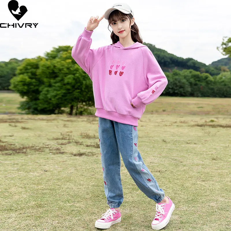 Girls Clothing Sets New 2023 Spring Girls Fashion Hooded Heart Print Pullover Sweatshirt with Jeans Sports Suit Kids Sportswear