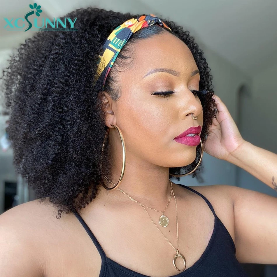 Afro Kinky Curly Headband Peruca Cabelo Humano 200 Densidade Remy Peruano Full Machine Made Peruca Para Mulheres Sem Cola Sem Gel xcsunny