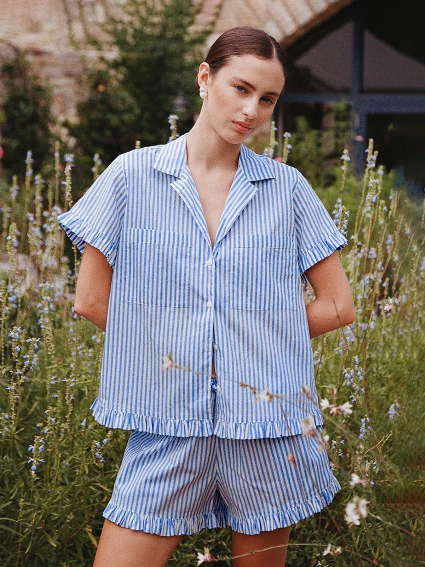 

Marthaqiqi полосатая женская ночная рубашка, комплект, сексуальная одежда для сна с отложным воротником, ночная рубашка с короткими рукавами, шорты, повседневный женский пижамный костюм