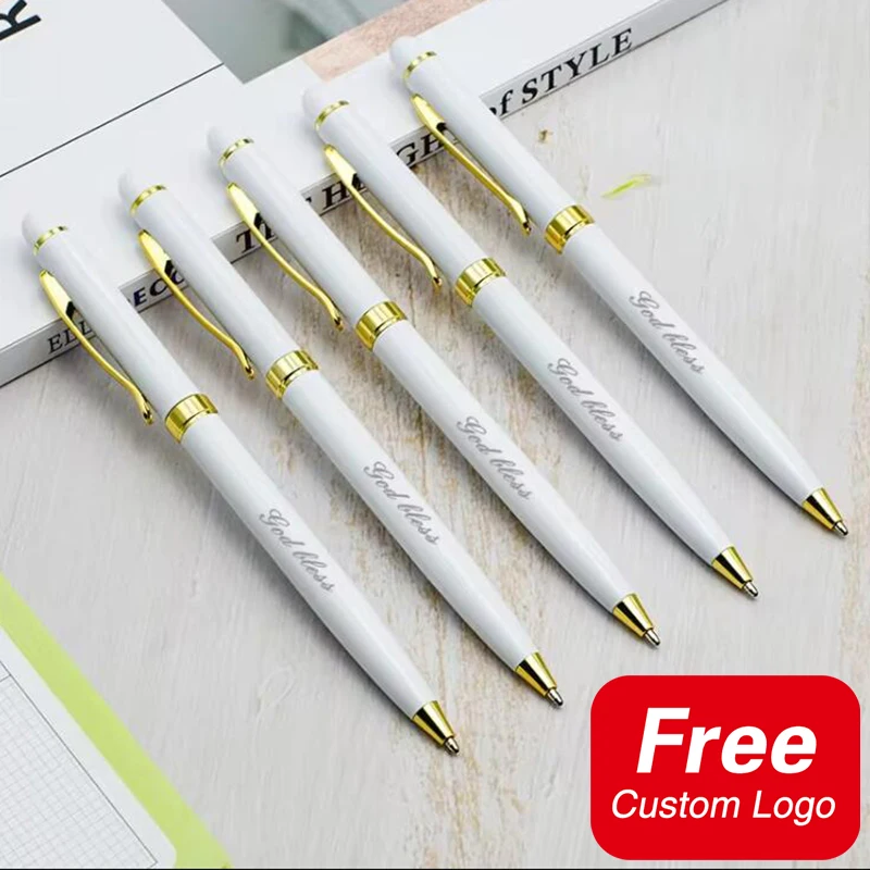 10Pcs White Color Metal Ballpoint Pen Rotating Design with Gold Clip Customize LOGO Promotion Writing Ball Pen Personalized Pens