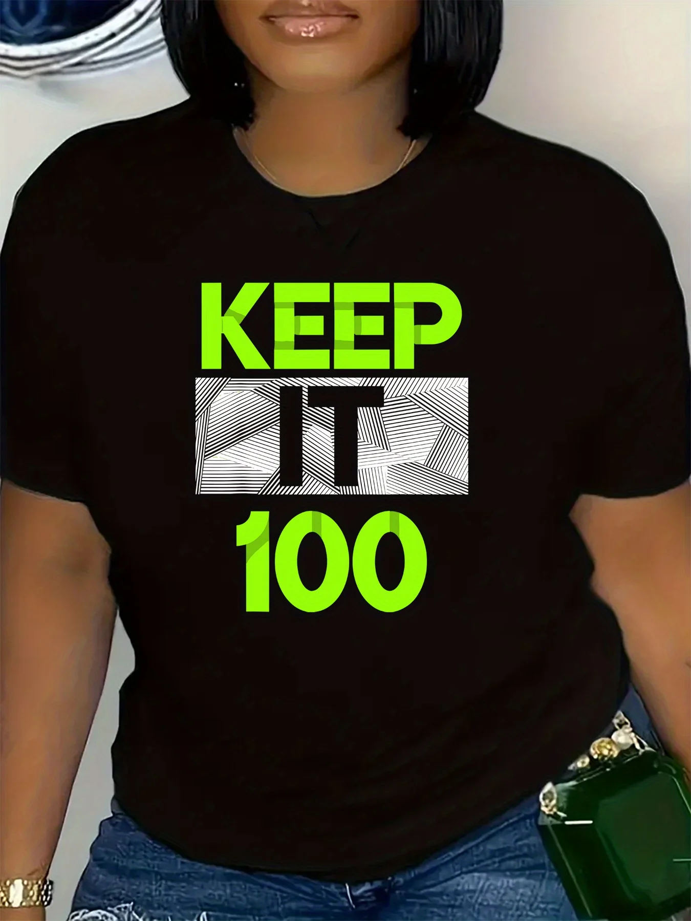 Keep It 100" Women's Graphic T-Shirt - Soft, Loose Fit Crew Neck Tee in Black with Neon Green Lettering, Casual Summer