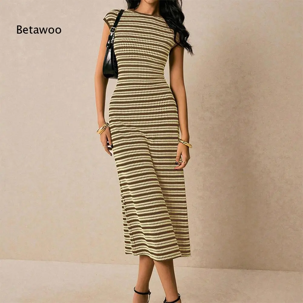 

Women Striped Knit Midi Dress, Sleeveless Crew Neck Slim Fit Elegant Casual Bodycon Long Dress