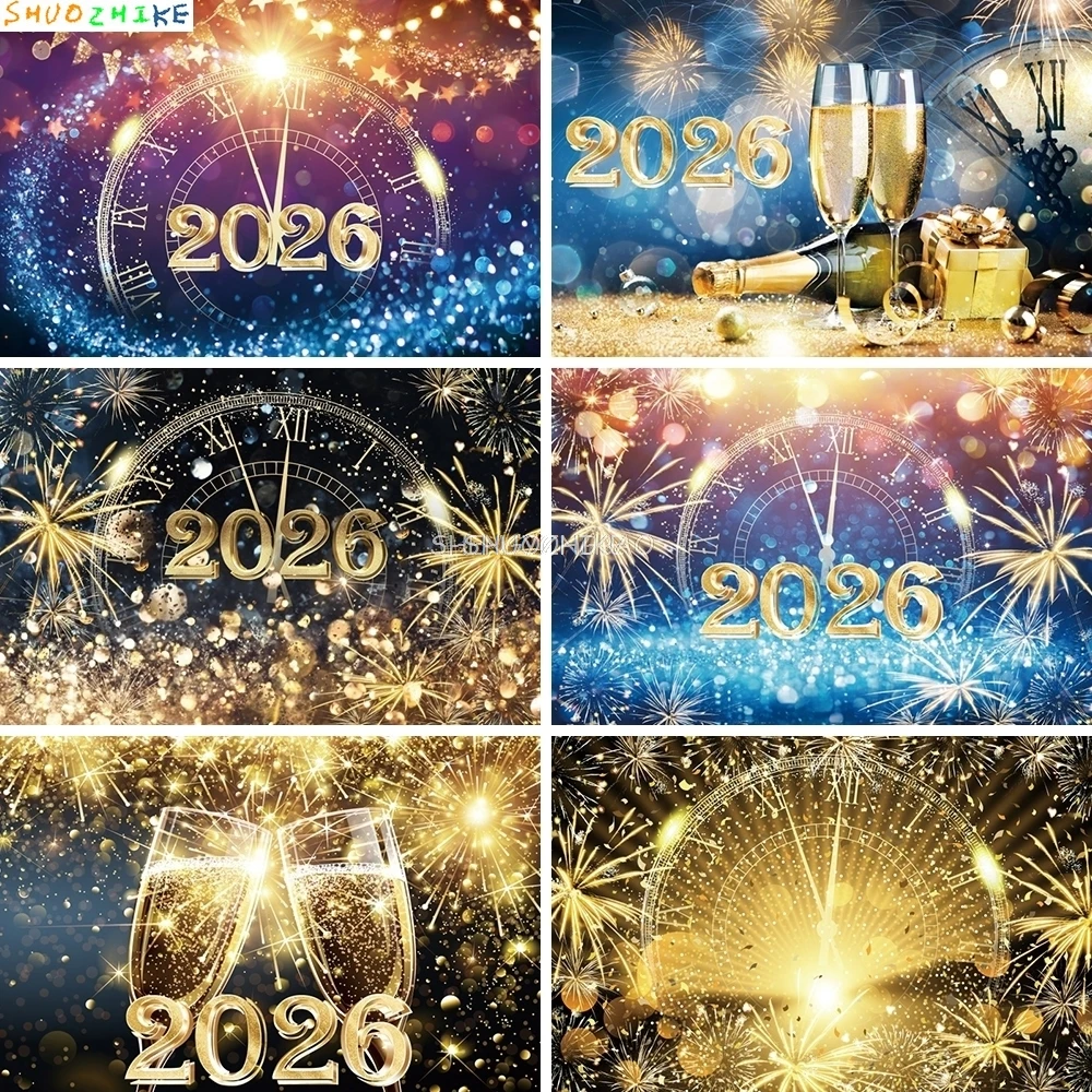 

2026 Happy New Year Party Background Glitter Clock Champagne Gold Balloons Home Party Banner Decoration Photography Backdrop