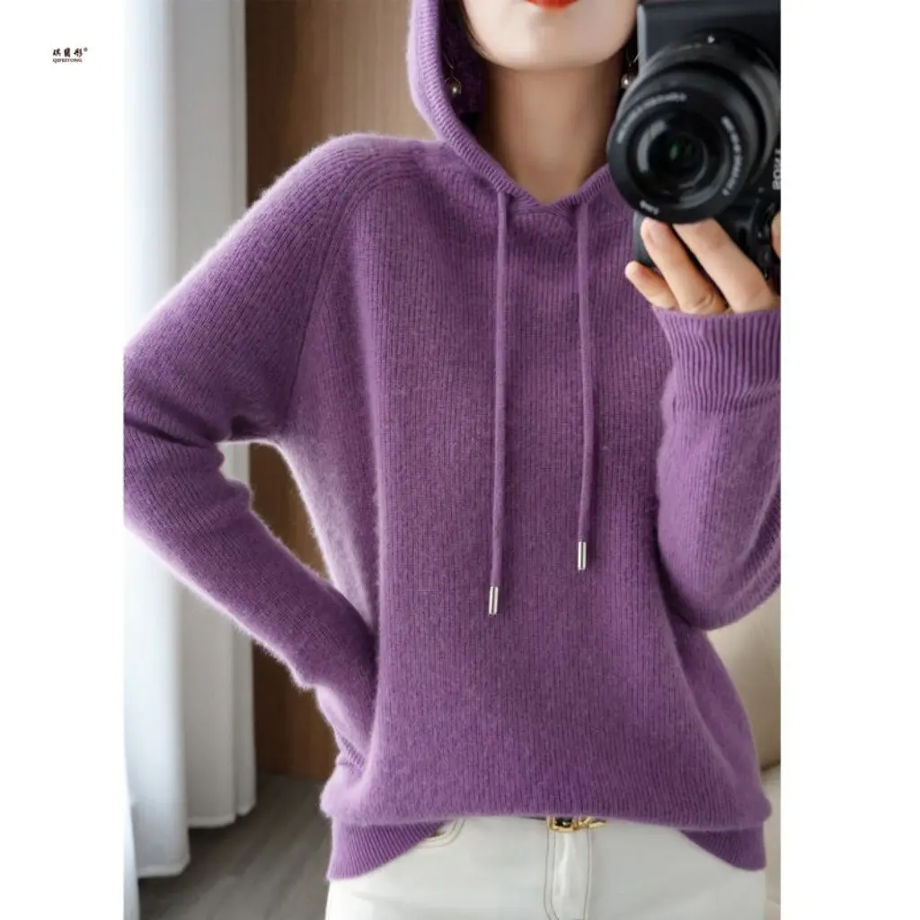 

Women's Korean Style Loose Hooded Sweatshirt Pure Color Knitted Pullover Hoodie Autumn Winter Wool Blend Bottoming Top