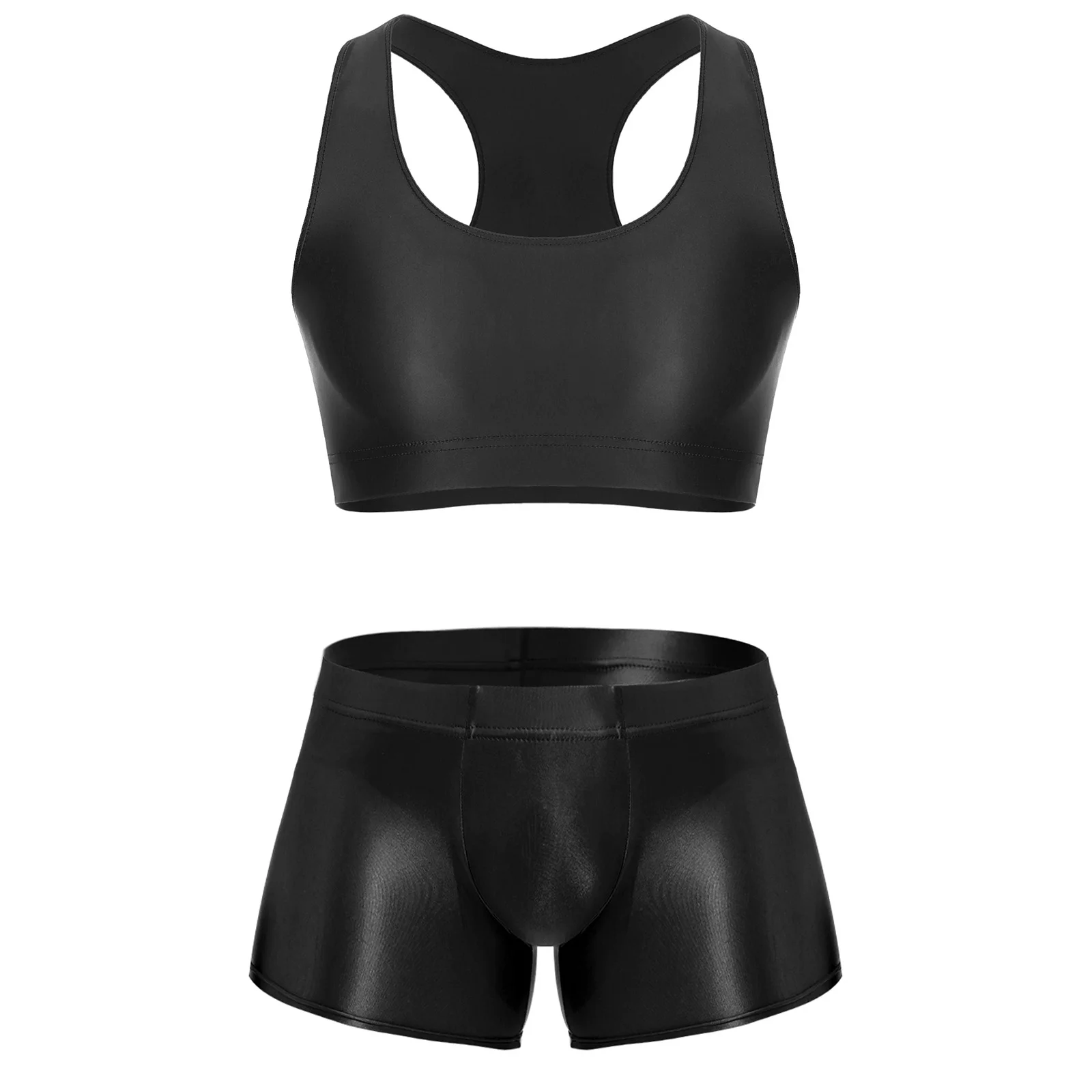 Ensemble de sport brillant et extensible pour hommes, comprenant un débardeur court sans manches et un boxer taille basse, idéal comme vêtement de nuit, de bain ou de sport.