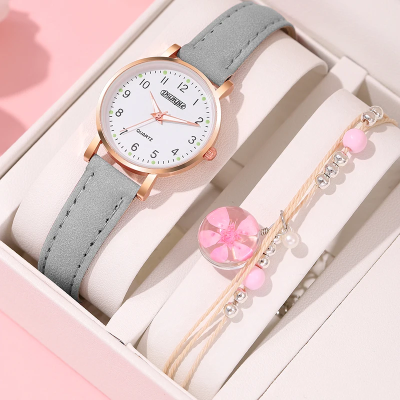 2PCS Women Watches Bracelet Set Girls Gift Fashion Leather Quartz Watch Student Trendy with Bracelet for Womens Reloj Mujer