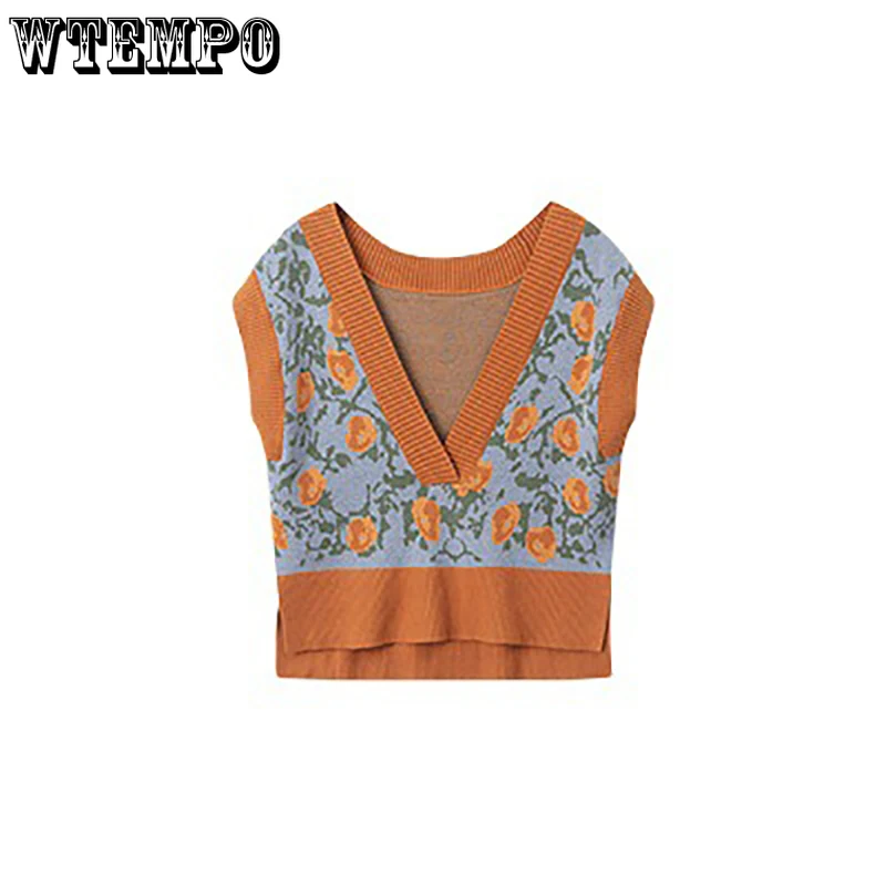 Floral Sweater Vest Women Autumn Winter Fashion Knitted Vest Sleeve Jackets V Neck Woman Pullover Jumper Girl Sweater Wholesale
