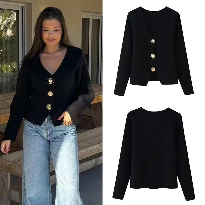 

Осень-зима 202, вязаные кардиганы для женщин, украшенные металлическими пуговицами, женский топ с длинными рукавами, модные свободные женские кардиганы, пальто