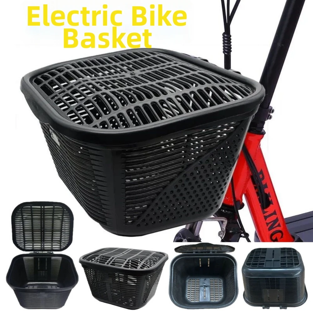 Large Capacity Electric Vehicle Basket Bag Thickened Plastic Bicycle Front Hanging Basket Black with Lid