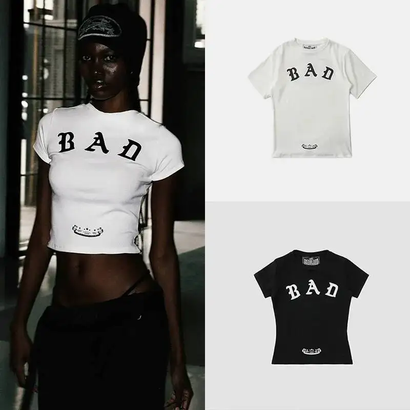 Women Short T Shirt Summer Female Casual Round Neck Letter Printing Pure Cotton Top Street Fashion Retro Sexy Slim Fitting Wear