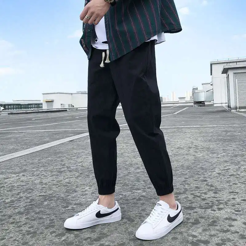Men's Spring Linen Cotton Blend Slim Fit Jogger Pants Korean Style Casual Cropped Trousers