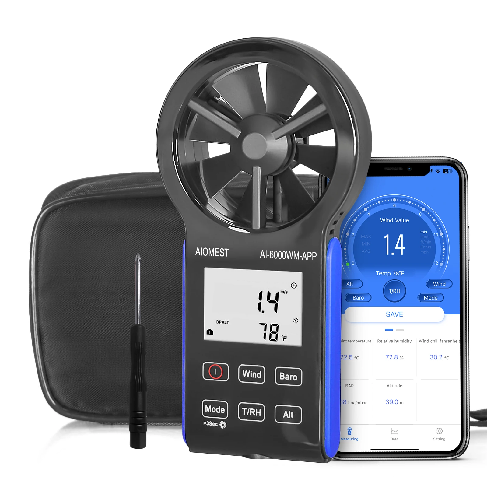Handheld Wind Speed Meter Bluetooth Anemometer with Atmospheric Pressure, Temperature, RH, Dew Point, and Wind Chill Measure