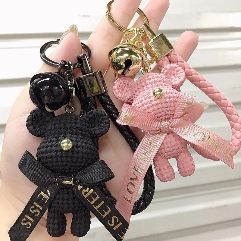 Cute Resin Woolen Little Bear Bow Rabbit Keychain Holiday Car Key Ring For Girls Creative Gift Weaving Fashion Doll Bag Pendant