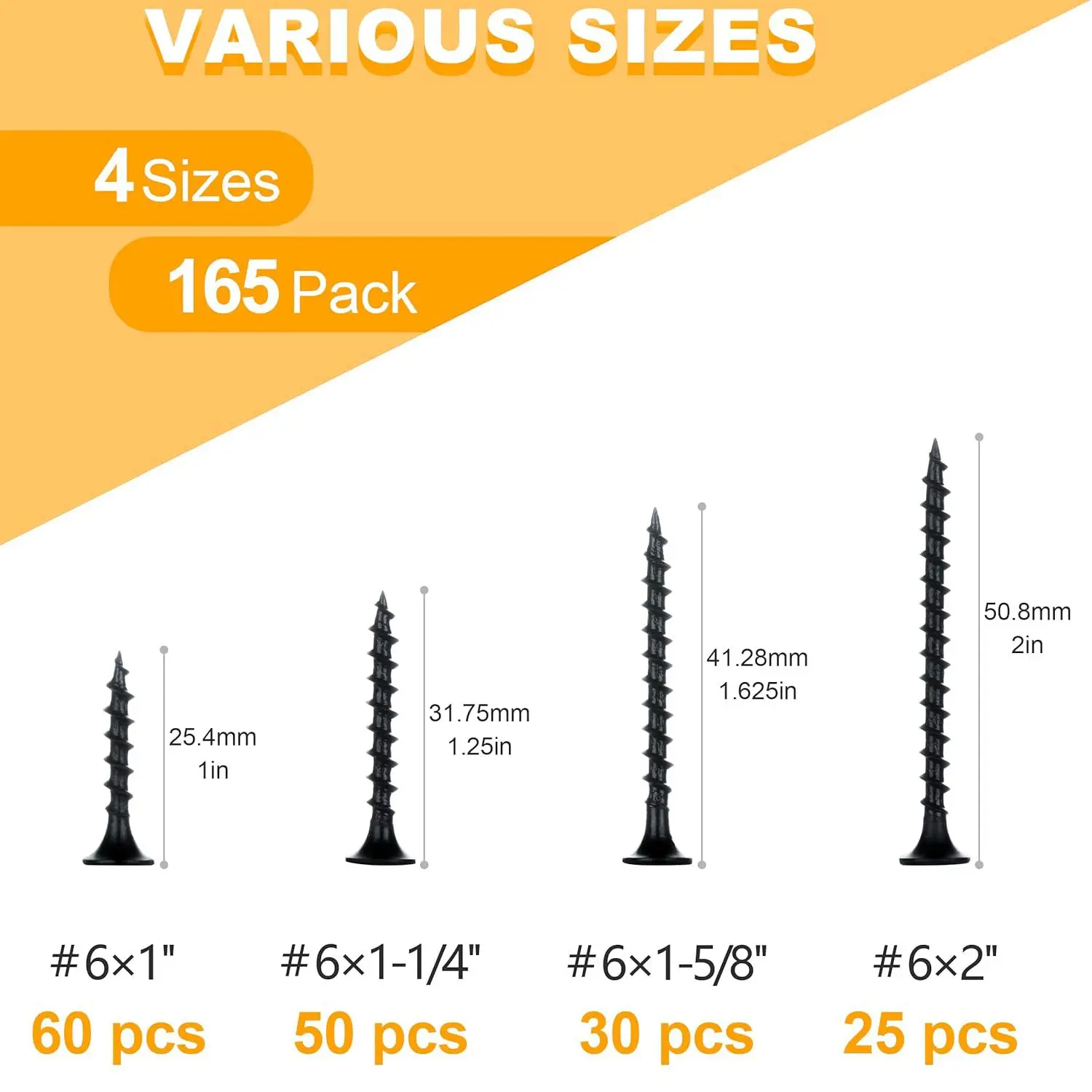 Drywall Screws Assortment 6 Black Wood Screws for Drywall 165Pcs Coarse Thread Plasterboard Screws Set