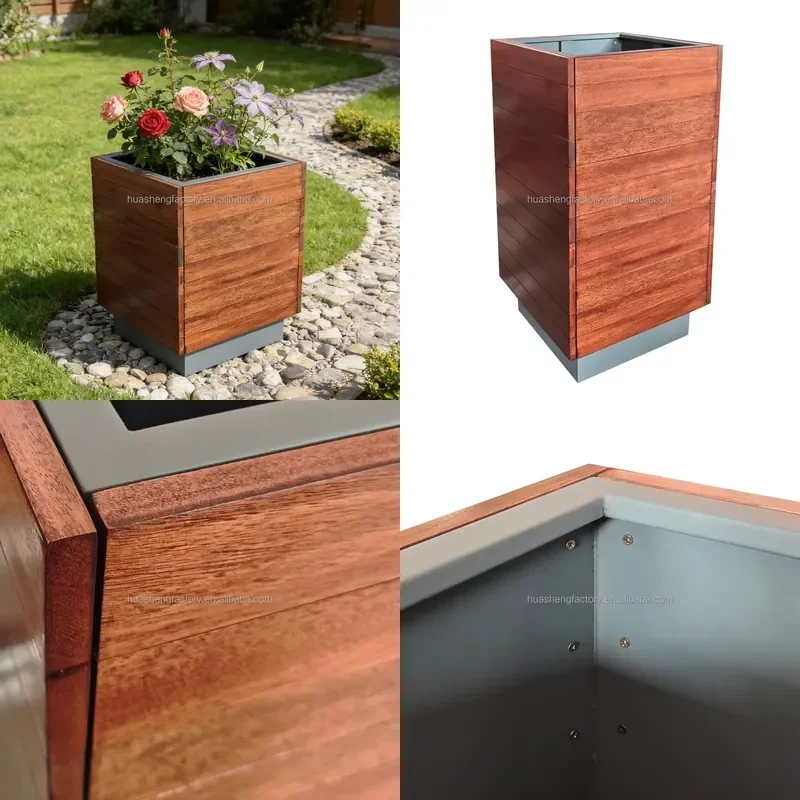 for  Modern Durable Galvanized Steel Wooden Rose Plant Flower Pot Custom Outdoor Garden Planter
