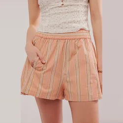 Summer Casual Striped Printing Shorts Fashion Elastic Waist With Pockets Y2K Straight Pants Lady Autumn Commute Versatile Shorts