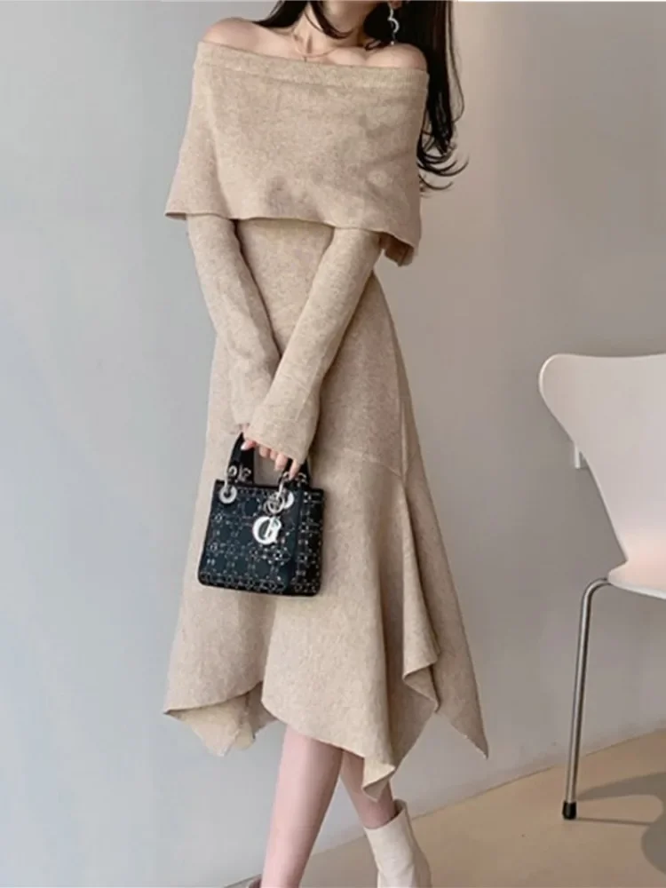 New Elegant Knitted Party Dress Women Winter Warm Solid Color Sexy Off Shoulder Irregular Sweater Dresses Fashion Vestidos