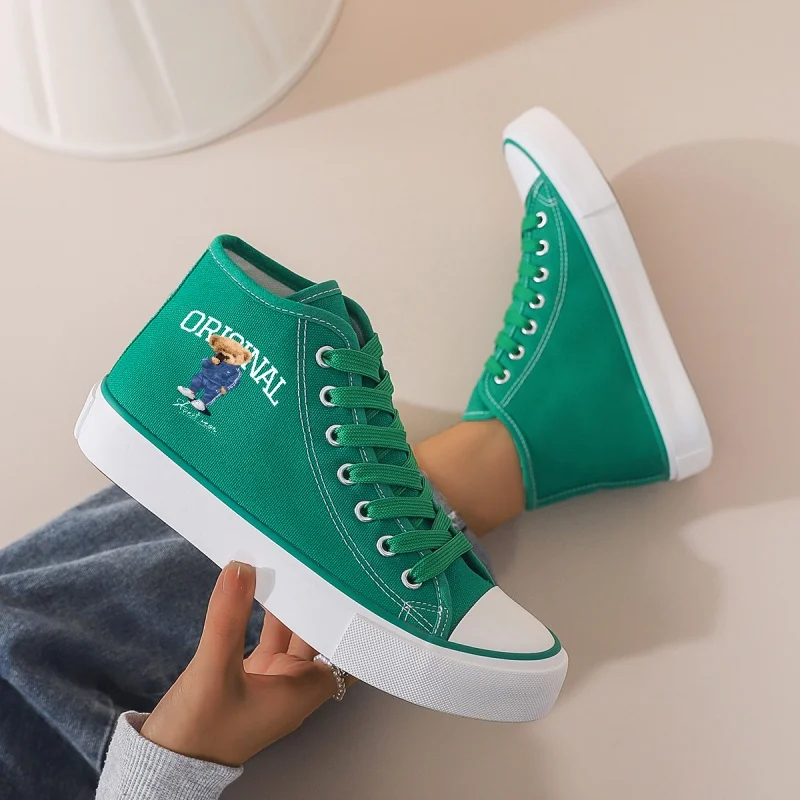 

Women's Green High-Top Canvas Sneakers: Cartoon Bear Print, Chunky Sole, Lace-Up. Perfect for Daily Wear with Jeans & Skirts.