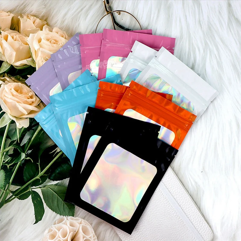 20pcs Laser Self Sealing Bag Thicken Zipper Hologram Pouch Resealable Mini Ziploc Bags Hermetic Bag Keychain Display Retail Bags