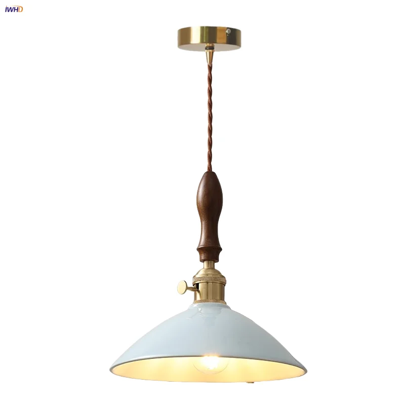 

IWHD Knob Switch LED Pendant Lamp Bar Living Room Decor White Ceramic Nordic Modern Hanging Light Fixtures Walnut Wood Lighting