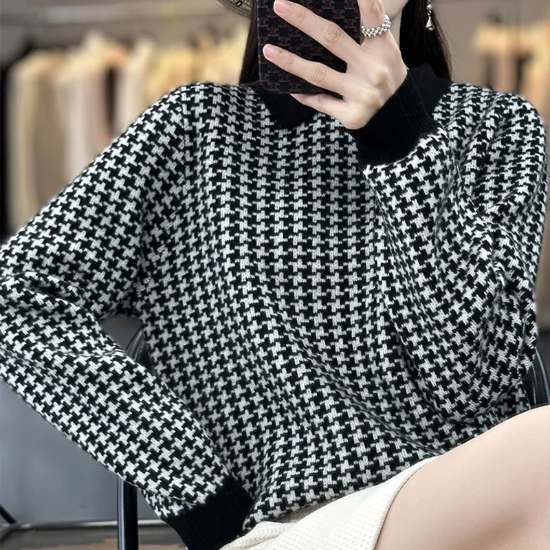 Women\'s Clothing Houndstooth Knitted Jumpers Casual Turn-down Collar Spliced 2023 Autumn Winter All-match Korean Loose Sweaters