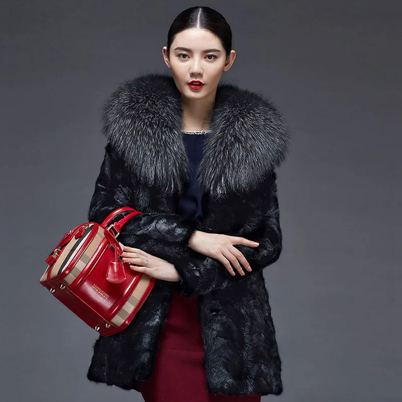 Autumn and Winter New Faux Fur Coat Faux Mink Fur Coat Women's Mid Length Fur Coat Faux Raccoon Fur Collar