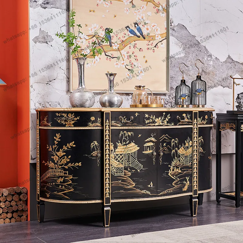 European retro solid wood hand-painted black gold-painted villa entry semi-circular entrance decorative cabinet