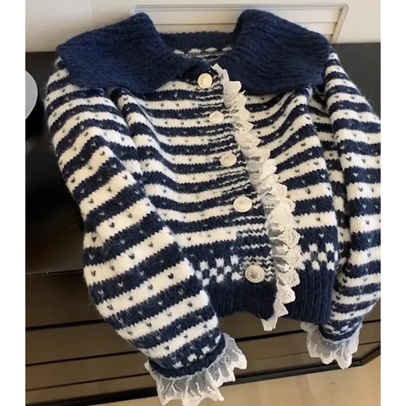

Vintage Sweet Striped Knit Cardigan Women Lace Patchwork Long Sleeve Chic Sweater Preppy Heart Print Cute Korean Jumpers Top
