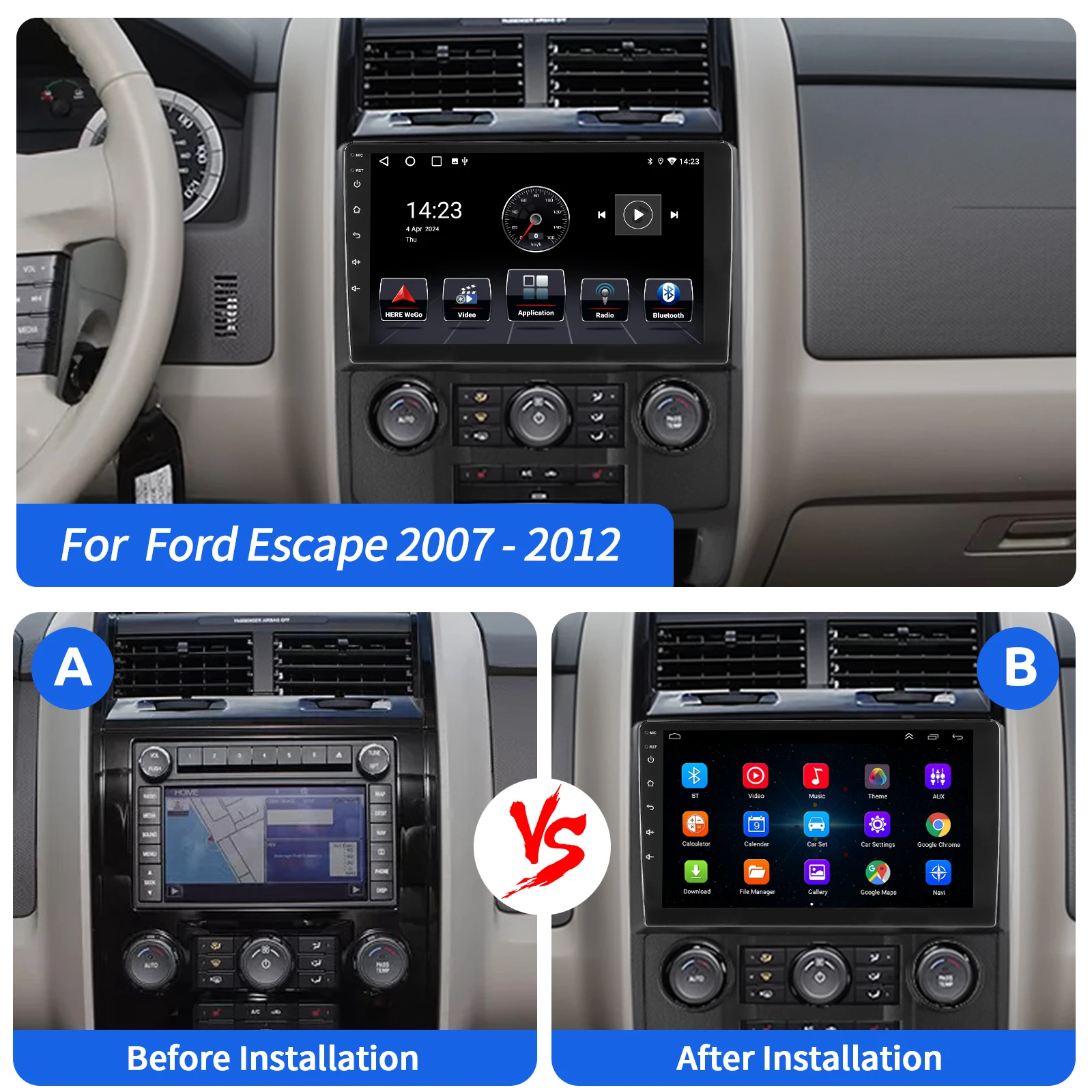 راديو ستيريو للسيارة مقاس 9 بوصات لسيارة Ford Escape 2007-2012 Apple Carplay GPS Navigation WIFI 2G + 32G Android 14 SWC وحدة رأس FM/RDS بلوتوث
