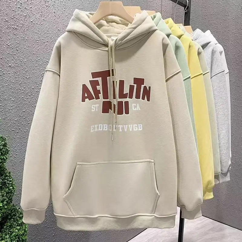 المألوف الخريف والشتاء مقنعين البلوز المرأة فضفاضة طويلة الأكمام المخملية سميكة الدافئة عارضة المطبوعة السترة