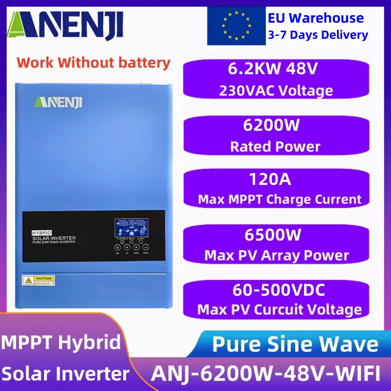 

6.2KW Solar Inverter 48V Pure Sine Wave On Grid Off Grid 230VAC PV 500VDC Hybrid Inverter Built-in 120A Solar Charge Controller