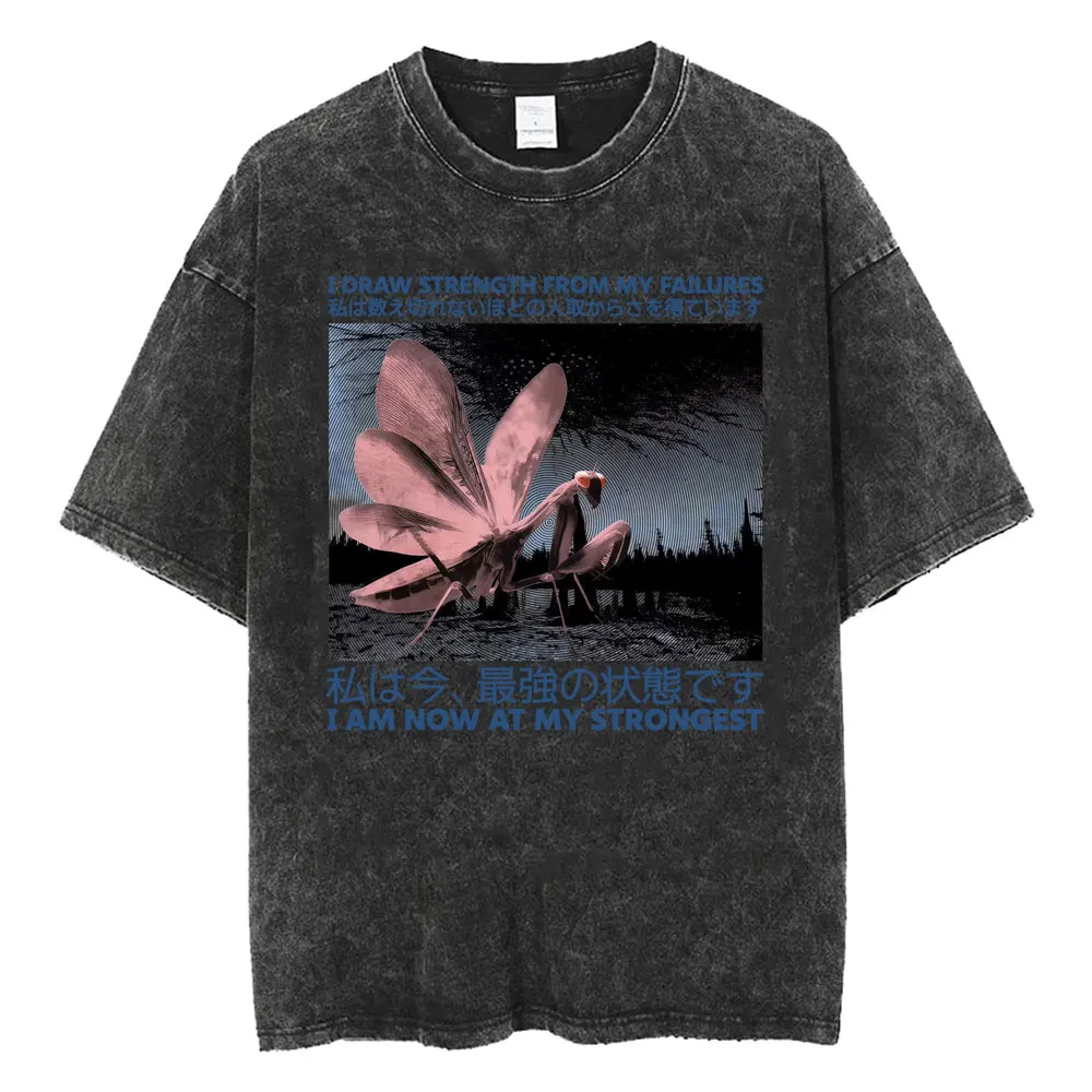 Funny I Draw Strength From My Failures Japanese Style Mantis Meme T Shirts Men Women Fashion Vintage Washed Short Sleeve T-shirt