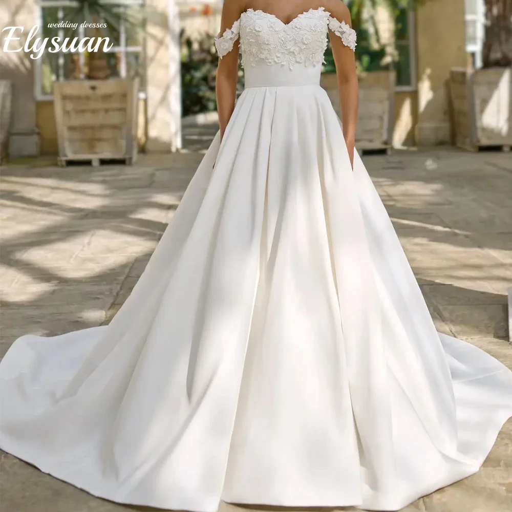Customized  Simple Wedding Dresses Strapless Bridal Grown Applique Floral Off The Shoulder  Button Zipper  Vestidos De Novia