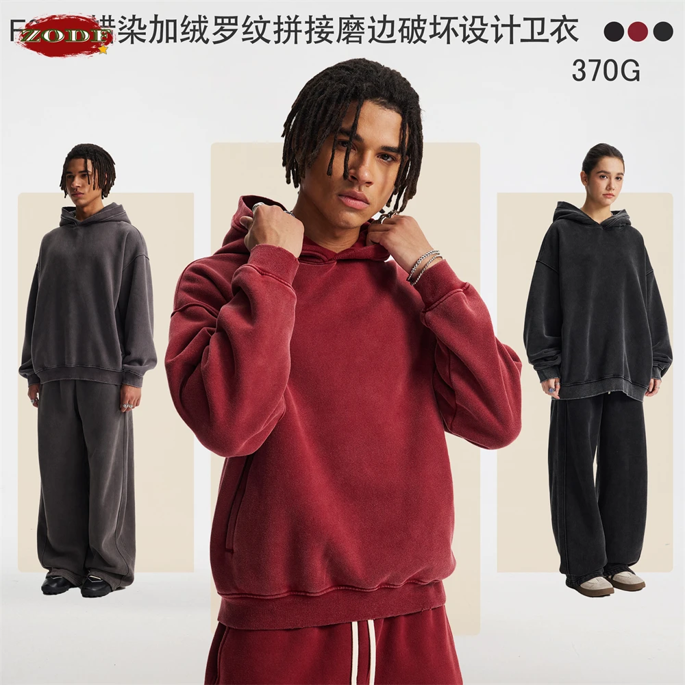 ZODF Vintage 370gsm Batik Washed Fleece Hoodie For Man Unisex Winter Relax Fit Distressed Hooded Pullovers Brand Coats HY1143