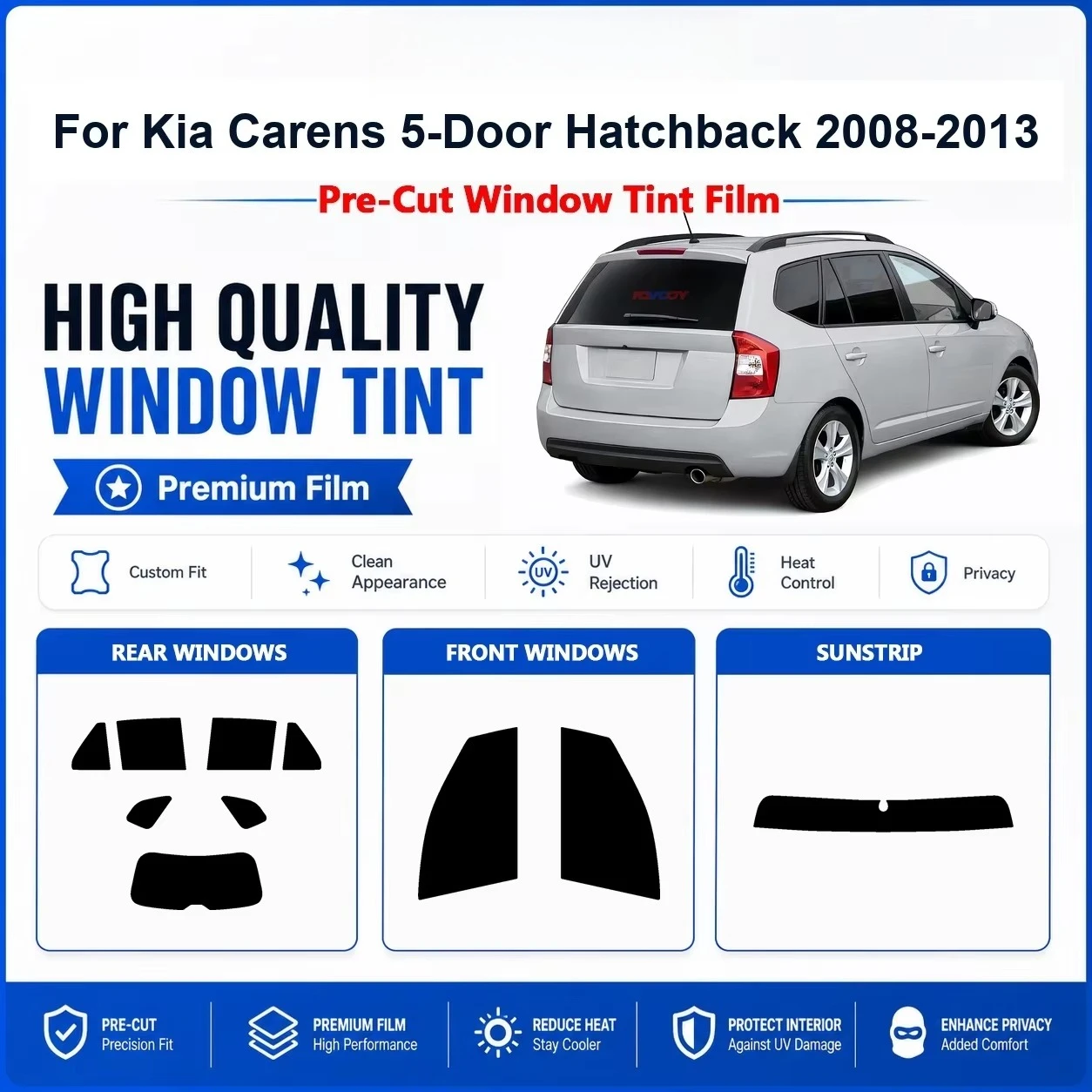 Premium Pre-Cut Window Tint For Kia Carens 5-Door Hatchback 2008-2013 Front & Rear Windows UV Heat Rejection Protection Film Kit