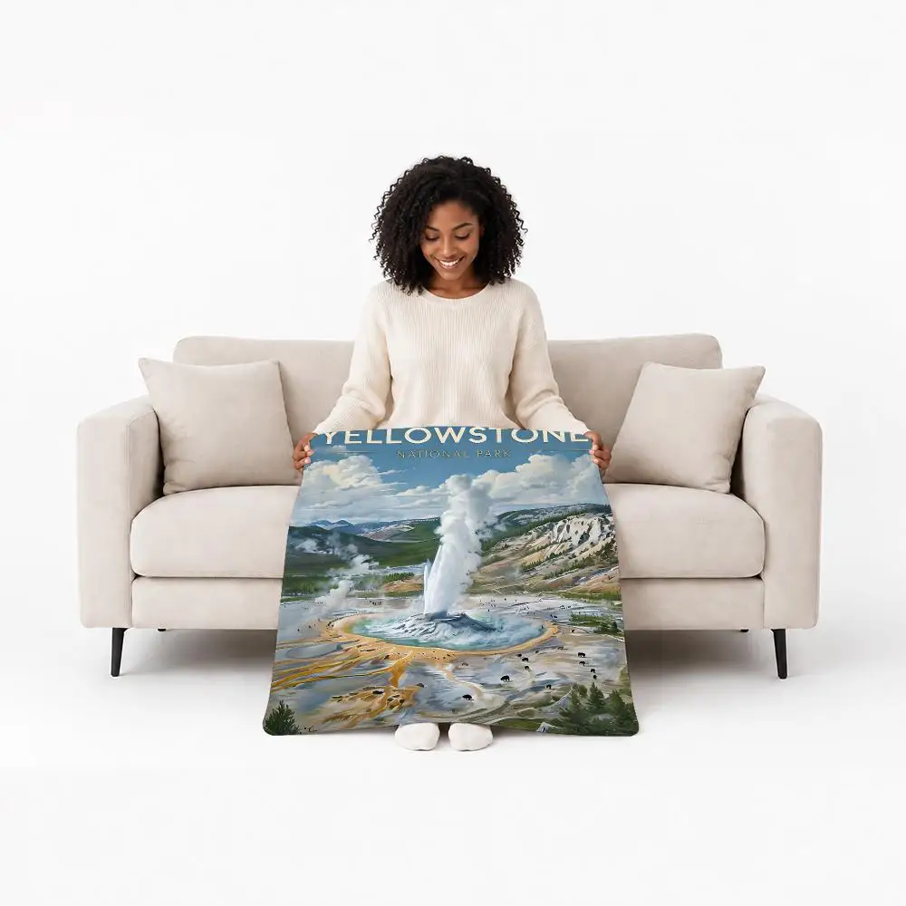 Aesthetic Landmark Yellowstone National Park Throw Custom Printed Flannel Fleece Blanket for Sofa Bed Office Travel & Camping