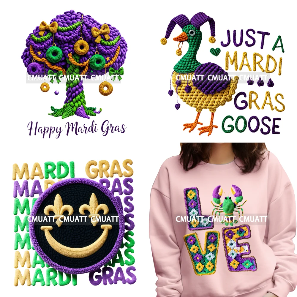 

Термотрансферные наклейки DTF в стиле преппи с имитацией вязаной пряжи для карнавала Марди Гра в Луизиане, готовые к нанесению на футболки и сумки