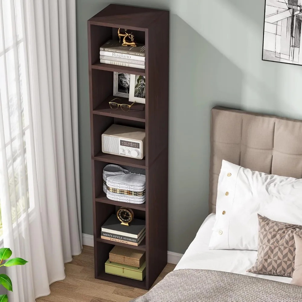 خزانة كتب ريفية طويلة ضيقة مقاس 70.9 بوصة مع أرفف تخزين من 6 طبقات للمكتب المنزلي والعرض، منظم مكعب الزاوية