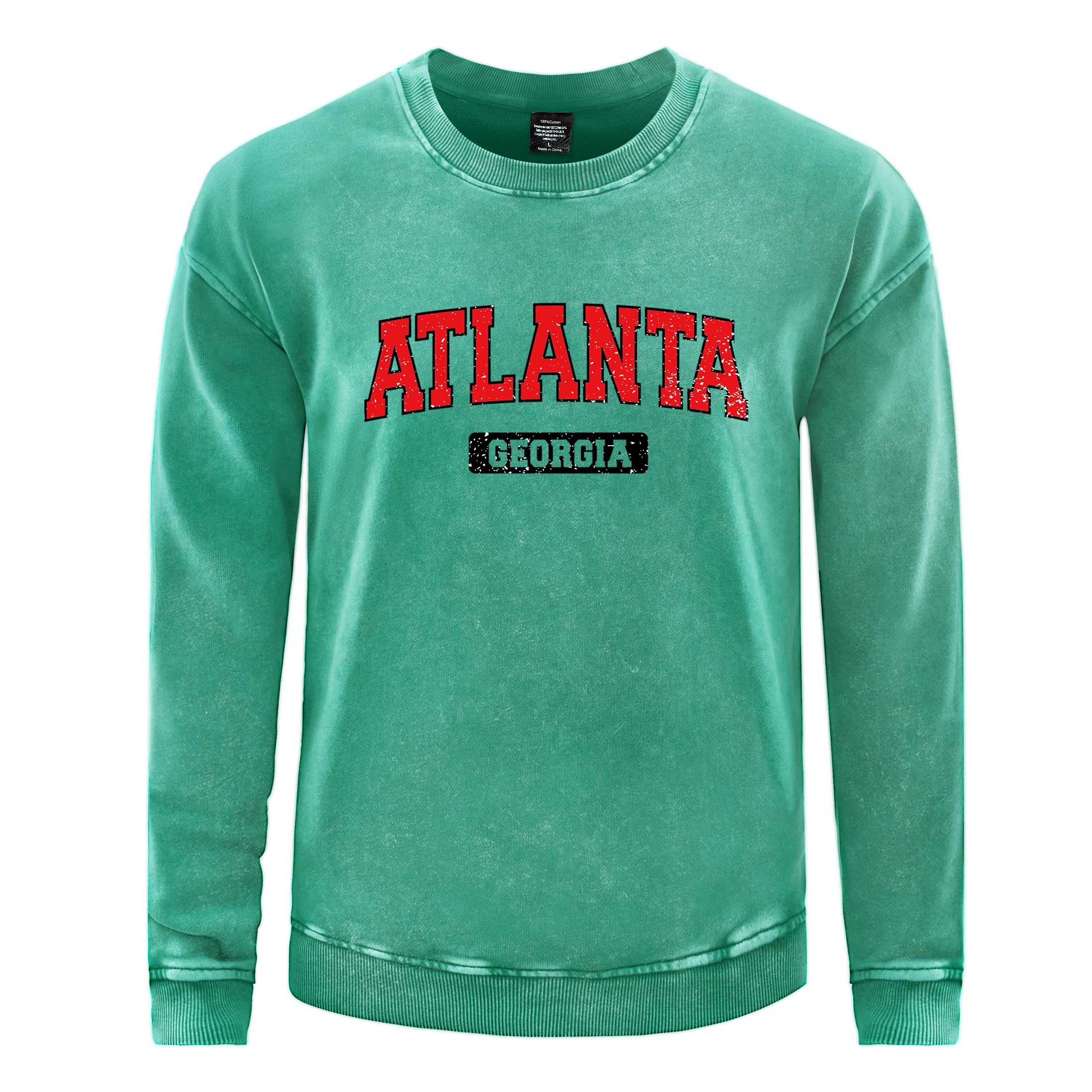 

Atlanta City Letter Printed Distressed Sweatshirt Mens Autumn Warm O-Neck Hoody Simple Cotton Washed Oversize Street Pullover