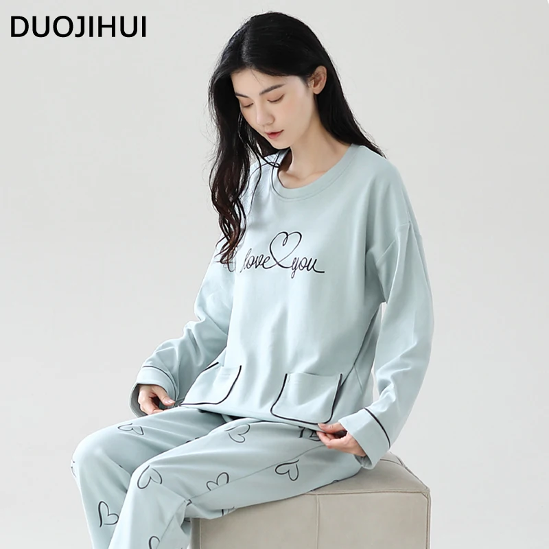 DUOJIHUI Pure Color Chic Pocket Casual pigiama per le donne autunno nuovo con pettorina Pullover Basic Pant Simple Female pigiama Set