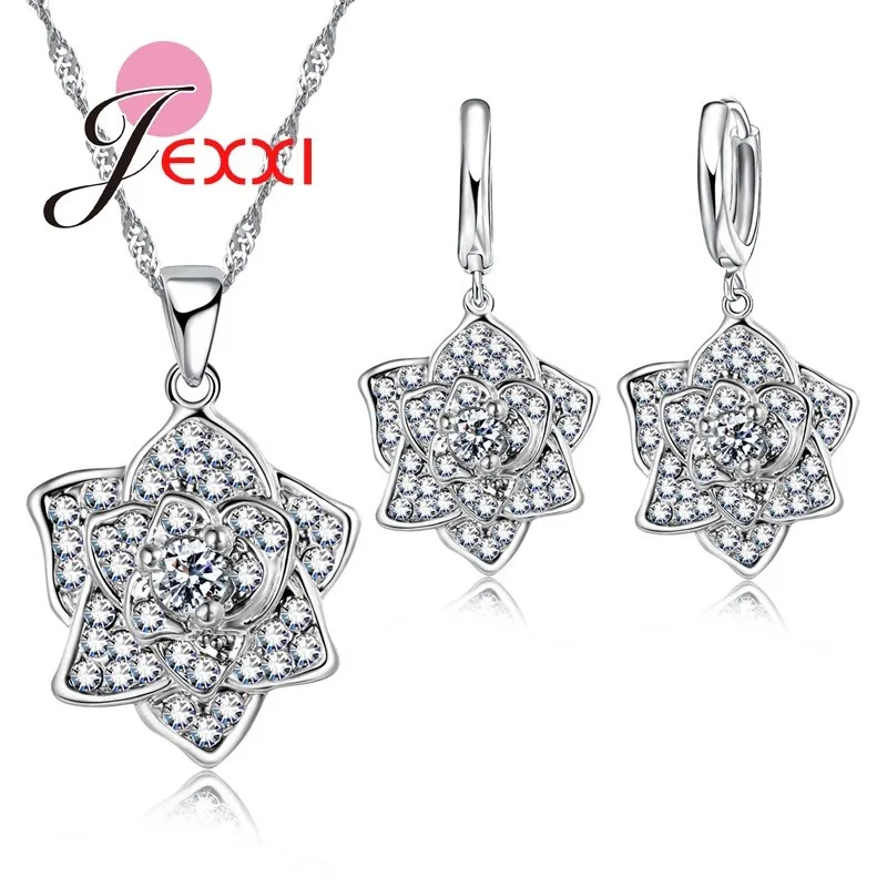 

Creative 925 Sterling Silver Jewelry Sets Flower Design For Women Wedding Necklace Pendant Drop Earrings Jewelry Set