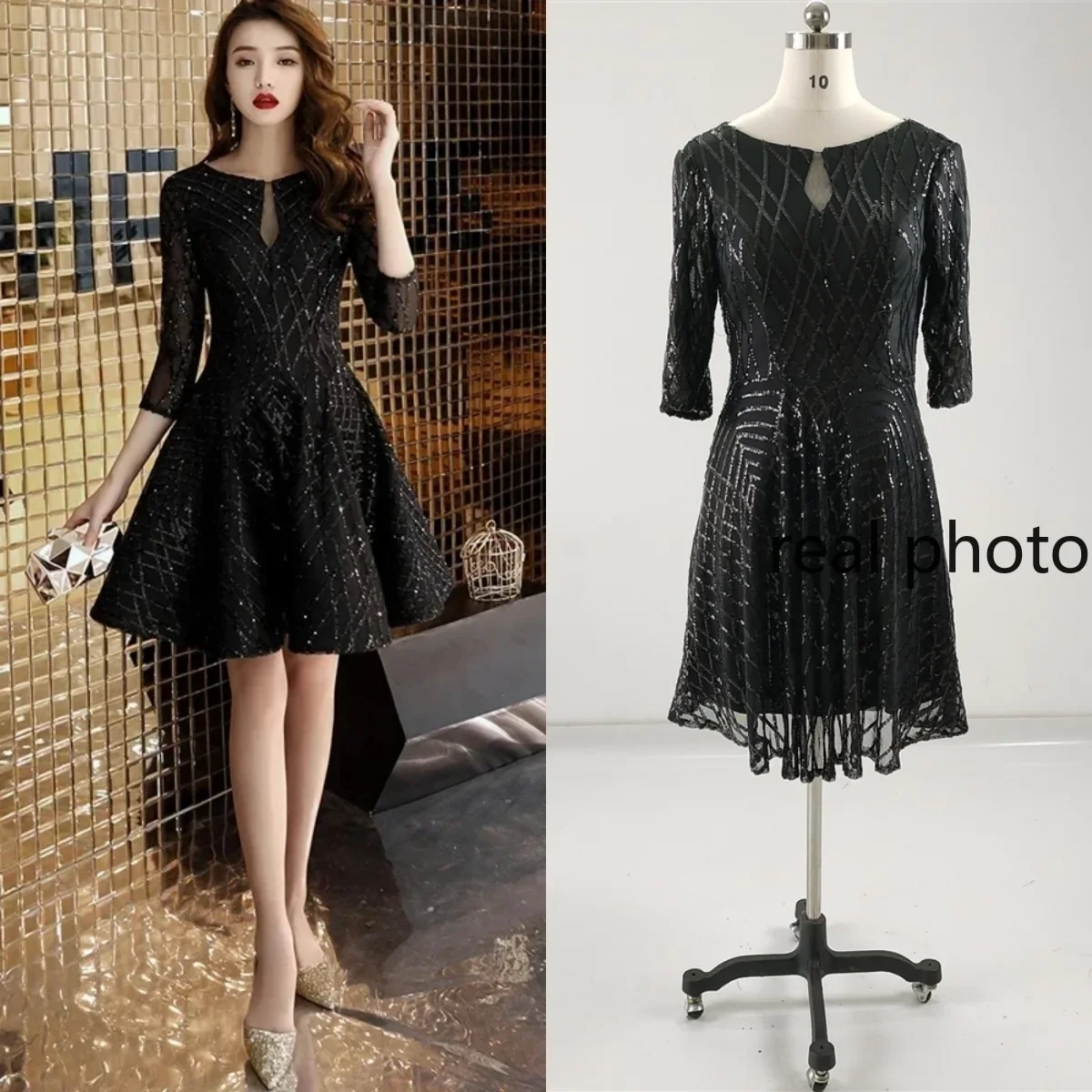 

Real Photo Prom Gown Black Sequins O-neck 3/4 Sleeves Zipper Back A-line Pleat Knee-length Plus size Women Party Formal Gown