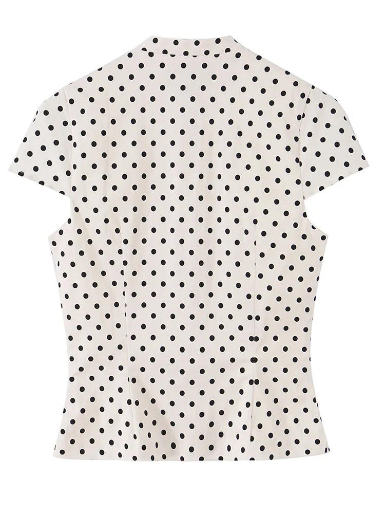 HH Women Summer Spring Old Money Preppy Polka Dot Stand Collar Blouse Spring Short Sleeve Button Front Pocket Lightweight Top