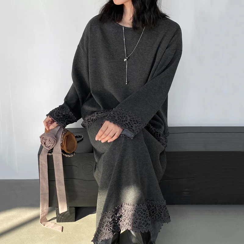 HKSH Autumn Winter New Women's Two-piece Set Fleece-lined Lace Patchwork O-neck Long Sleeves Sweatshirt Tide Split Skirt HK16183