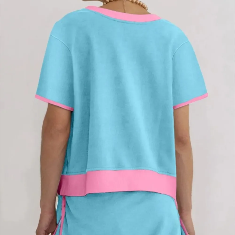 

Летний повседневный комплект: модный топ с коротким рукавом и круглым вырезом контрастного цвета, шорты с открытыми плечами и шнуровкой, комплект из двух предметов