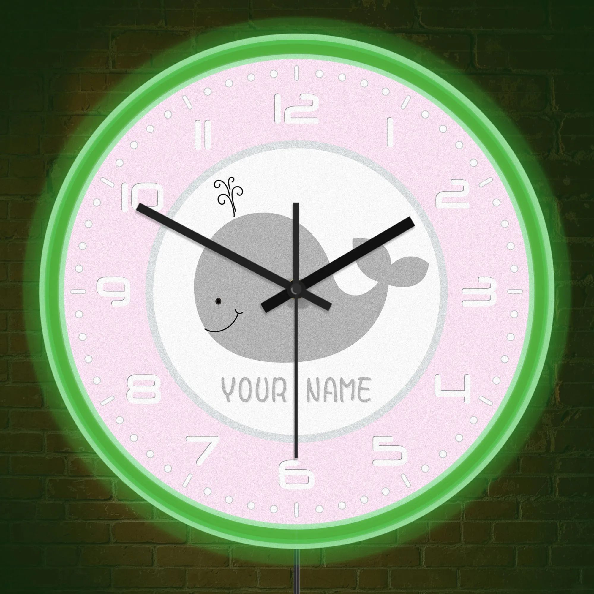 Grey Whale Personalized Name Silent Non Ticking Wall Clock with LED Neon Lighting Custom Wall Clock for Girls Bedroom Playroom