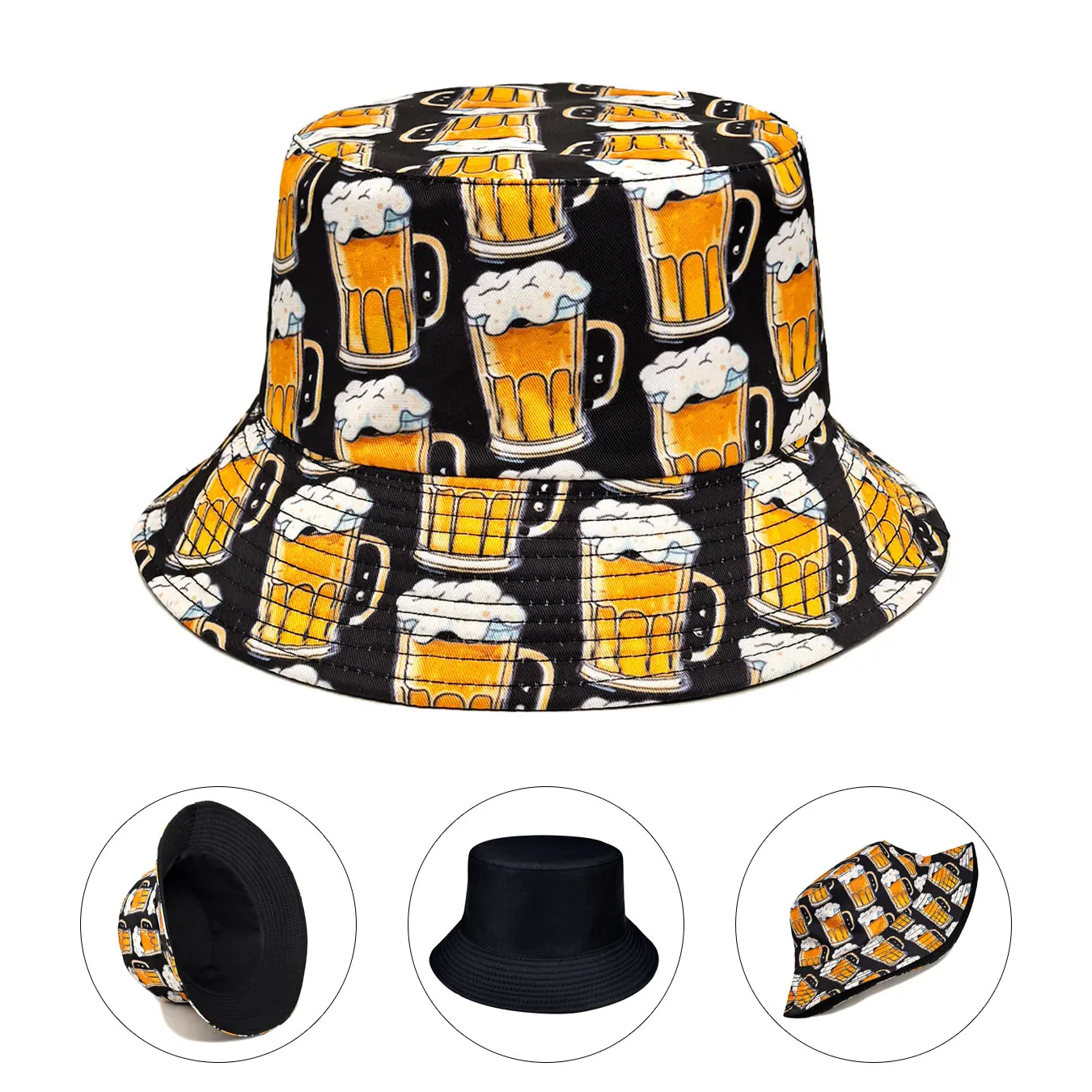 Fashionable Beer-Printed Double-Sided Bucket Hat, Sun-Protective Beach Hat, Foldable, Suitable for All Seasons, Lightweight and Stylish Hat, Perfect for Casual Wear, Outdoor Activities, and Beach Travel Adventures