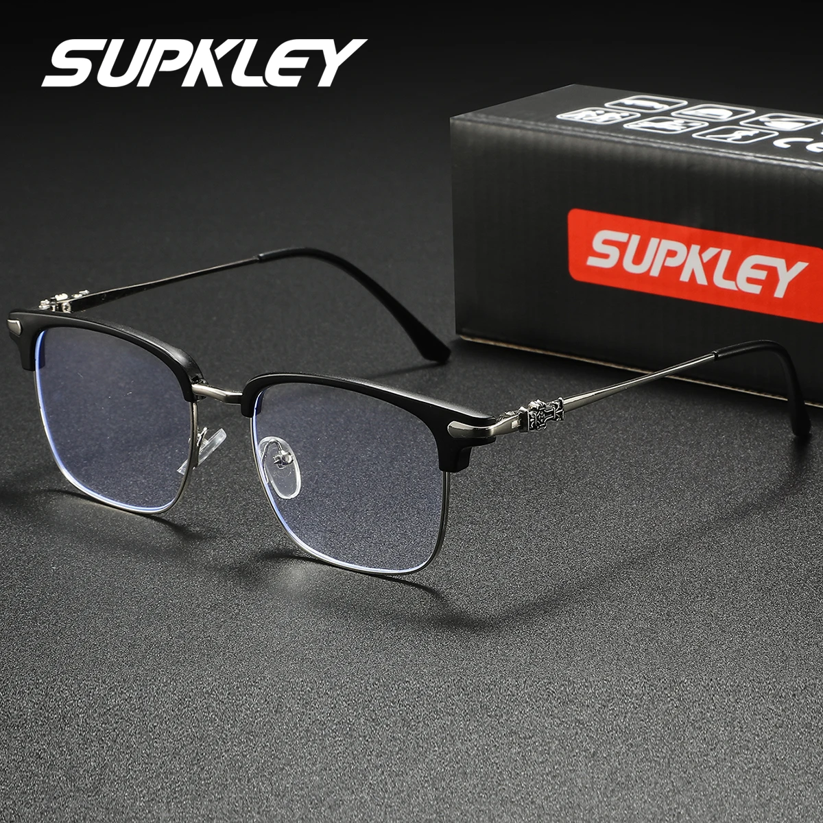 SUPKLEY Occhiali anti luce blu con mezza montatura alla moda e artistica con montatura quadrata per ridurre la luce blu quando guardare i computer