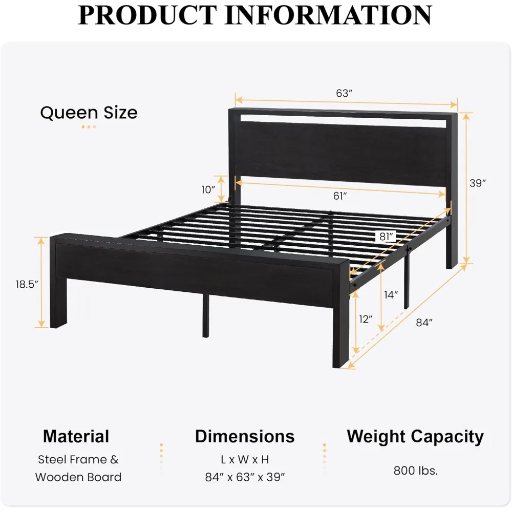 Estrutura de cama com plataforma de metal queen size de 14 polegadas com cabeceira e estribo de madeira, base de colchão
